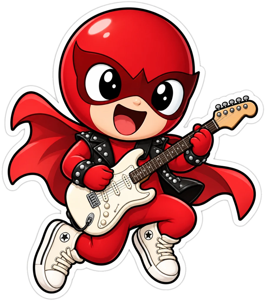 Das Your-Music-Hero-Maskottchen springt mit einer Gitarre
